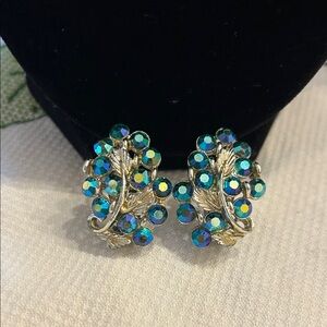 Vintage Blue Rhinestones Grapes Clip On Earrings by BSK